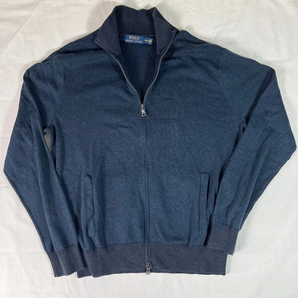 Polo Ralph Lauren Full Zip Sweater Mens M Navy Blue Excellent Pima Cotton Logo